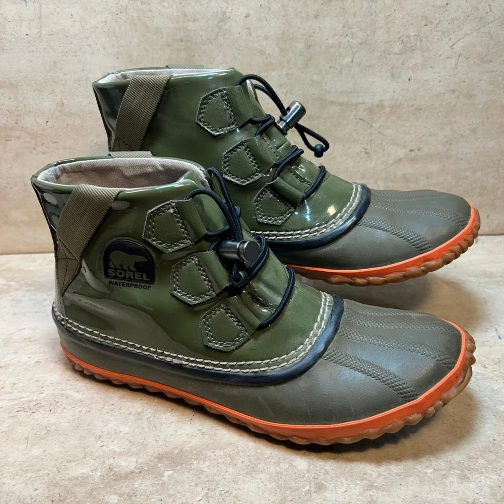 Sorel Out N About Rain Boots Womens 8 Olive Green Orange Waterproof NL2099-213